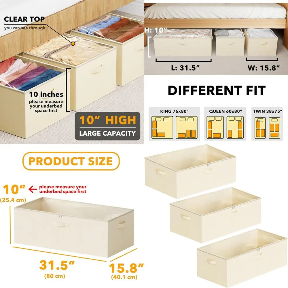 

10-бежевые высокие ящики для хранения под кроватью с крышками — большие контейнеры-органайзеры для спальни, общежития, одежды, простыней и одеял