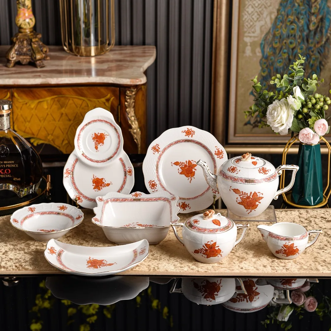 European Court Retro Teapot Salad Bowl Plate Relief Flower of India Basket Western Food Tableware Tea Cup Set Orange Fish Plate