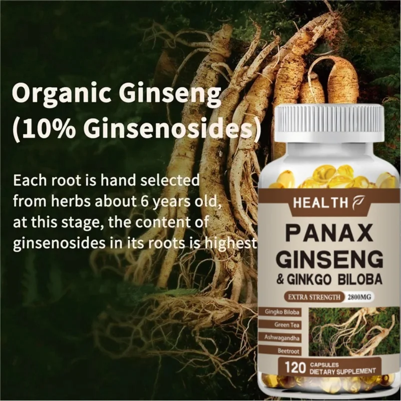 HEALTH Authentic Korean Ginseng+Ginkgo Biloba Leaves, 120 Vegetarian Capsules, 2800 Milligrams Of Male And Female Energy