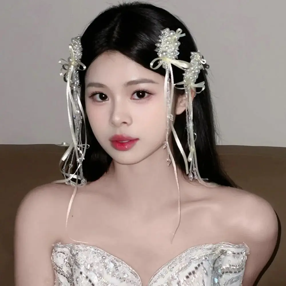 

1 Pair Fairy Stylish Bridal Hair Clip White Pearl Beads Bride Hairpin Handmade Tassel Wedding Headdress Wedding Accessories
