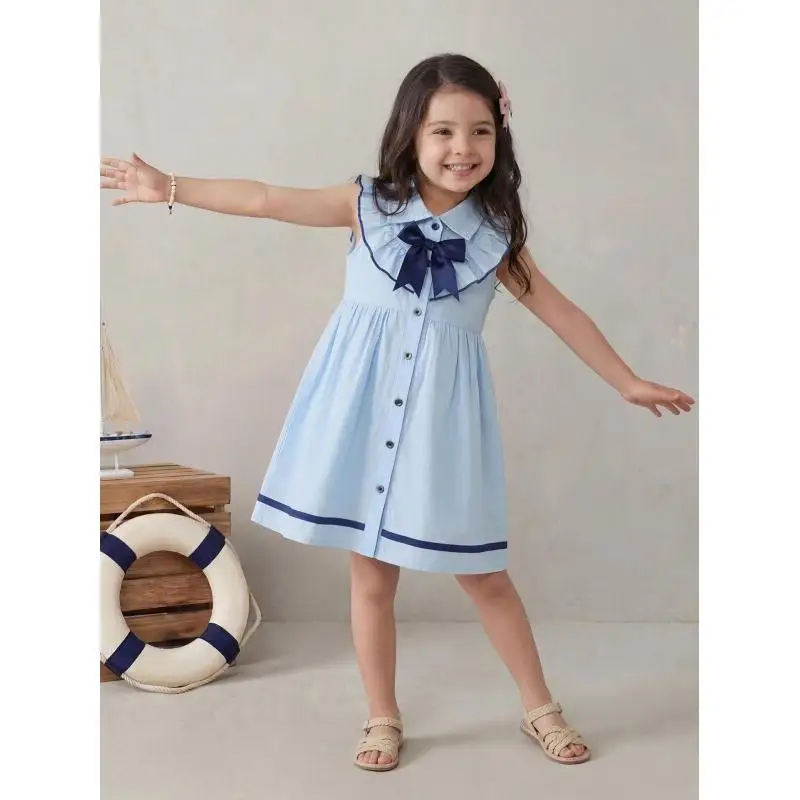 

Children's Clothing Boys' And Girls' Tops Children's Dress Woven Cotton Toddler Summer Academic Style Lapel Lace Bow Sleeveless