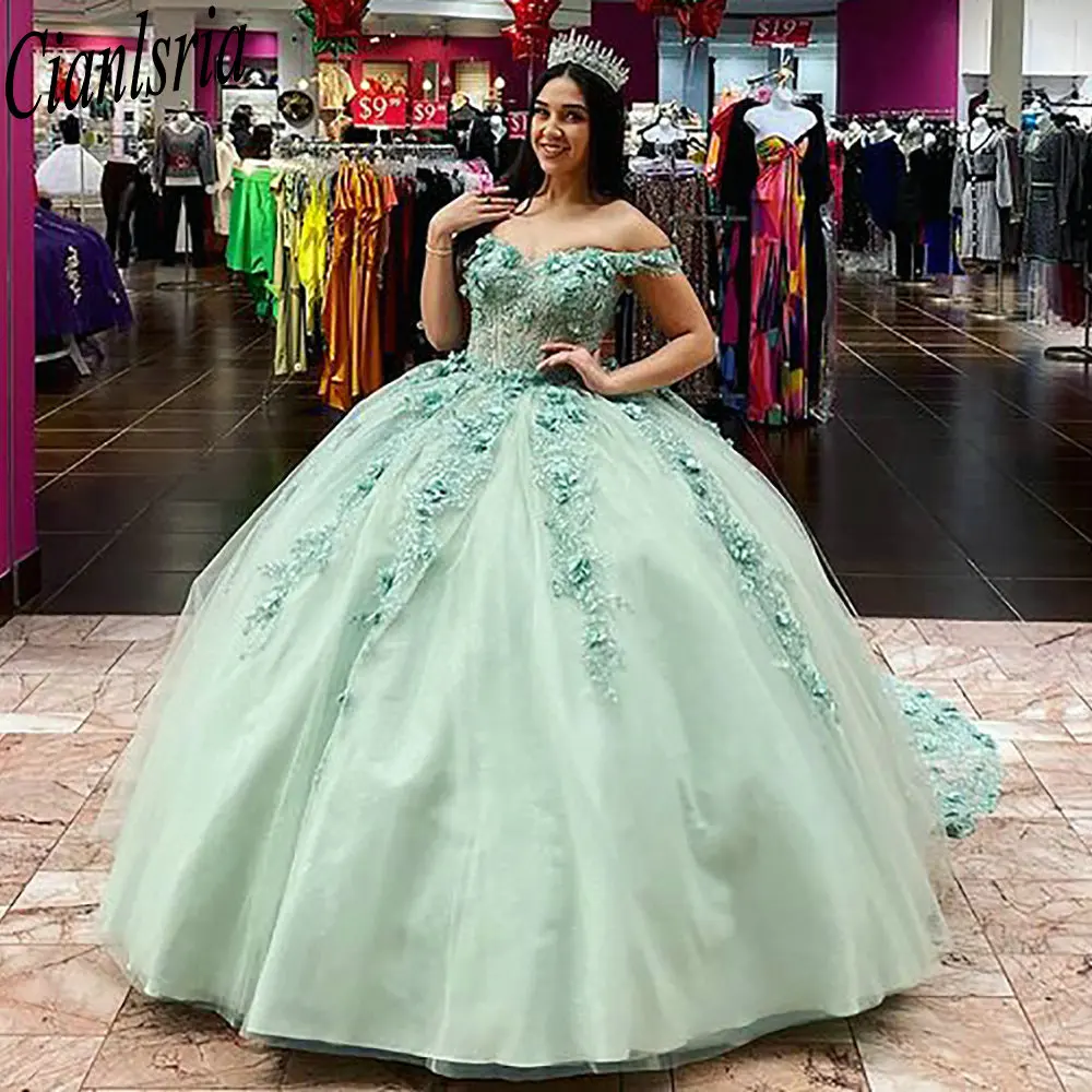 Vestido De baile verde menta con hombros descubiertos, quinceañera, Apliques De encaje, flores 3D, corsé, 15 Años