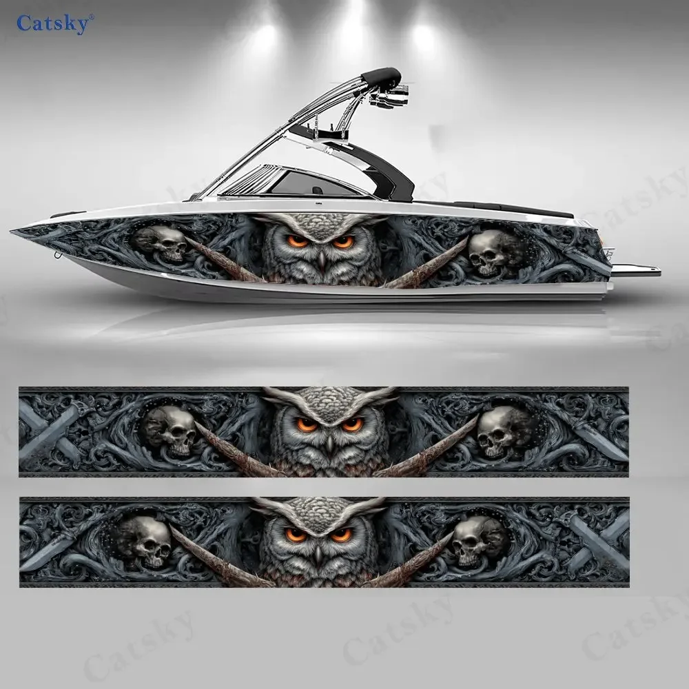 2Pcs Midnight Owl Spirit & Skull Boat Stickers, PVC Waterproof Vinyl Wrap Decals for Fishing Boats, Durable and Stylish Design