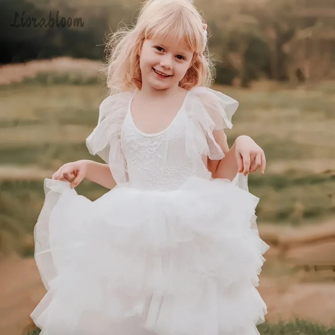 

White Tulle Dress Girls' Everyday Dress Elegant Evening Gown Flutter Sleeve Flower Girl Dress New Princess Party Dress