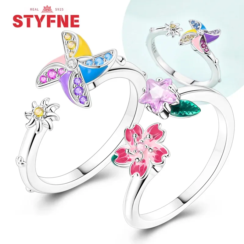 

New S925 Silver Ring Pink Zircon Shining Flower Open Ring Original Windmill Rotatable Ring for Women Fine Jewelry Party Gift