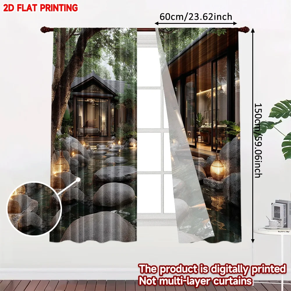 2pcs Chinese Koi Pond Curtains Digital Printing,Oriental Garden with Swimming Carp Stone Bridge Pagoda for Zen Living Room Decor