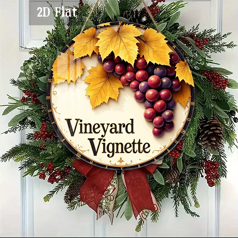 2D Flat, 1pc Vineyard Vignette Wooden Panel Painting Decoration, Autumn Grapes Round Wall Decor Golden Leaves Wall Art - Rustic