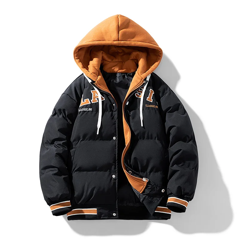 

New Embroidered Design Hooded Parka for Men Harajuku Fake 2 Pc Design Thick Down Cotton Padded Coat Winter Warm Baseball Jacket