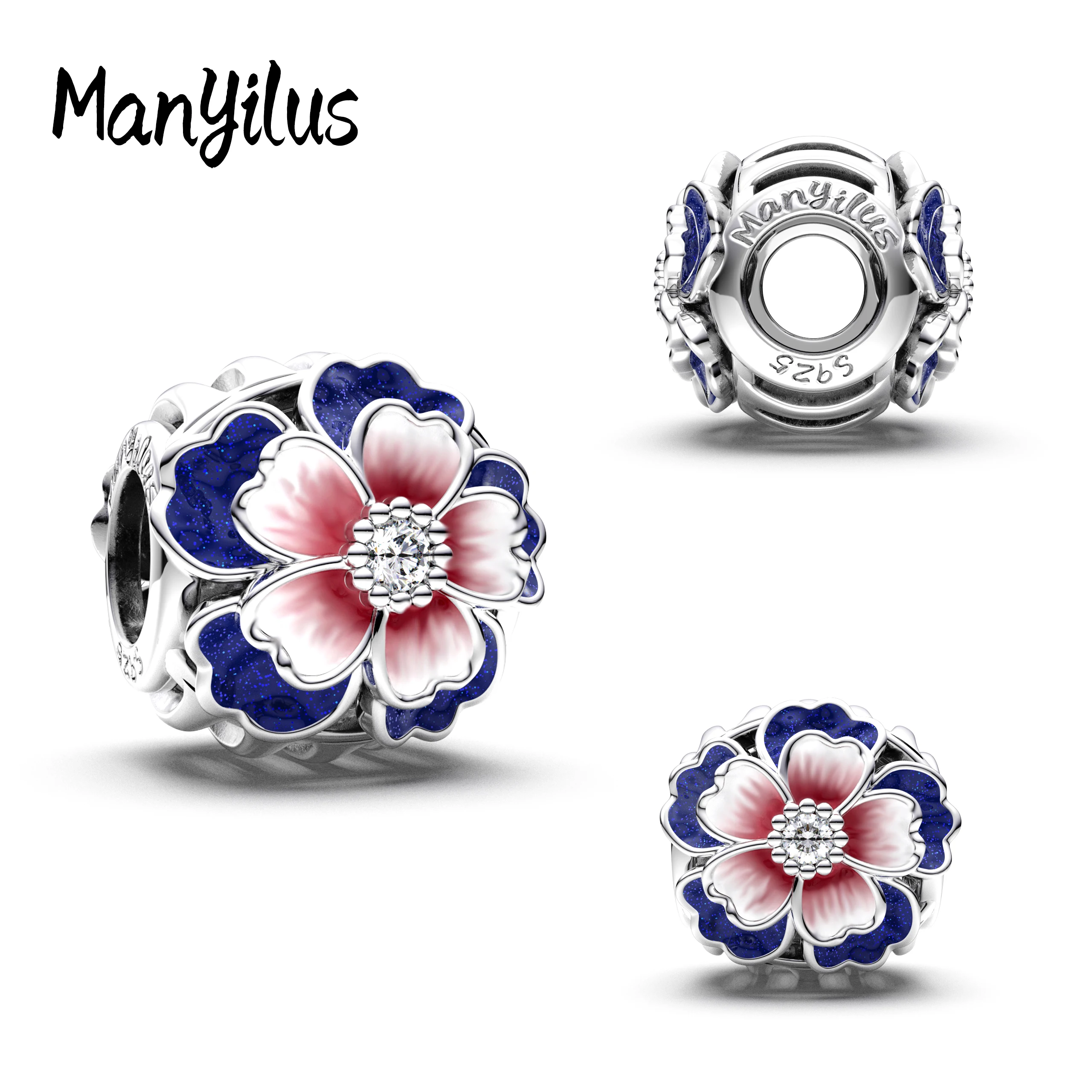 Manyilus S925 Silver Bicolor Enamel Flower Charm for Original Bracelet Colorful Blossom Jewelry Pendant DIY Sweet Floral Gift