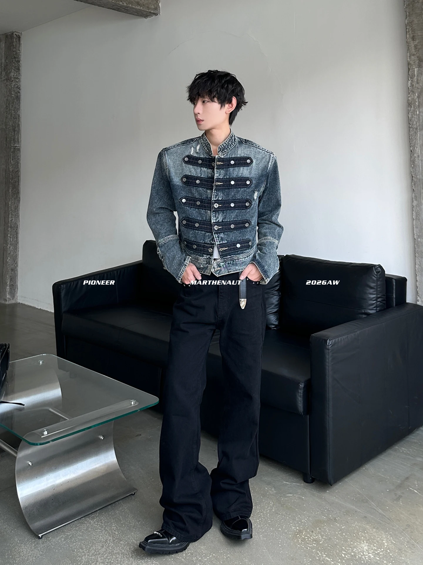 Retro Napoleon Short Design Sense Denim Jacket Deconstructed Double Button Stand Collar Jacket Youth Trend Cotton Polyester B...