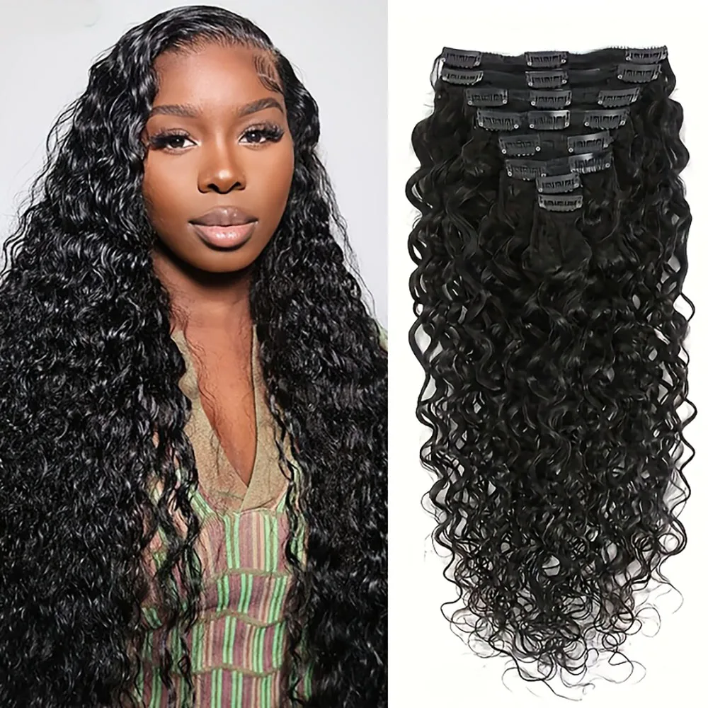 8 個水波クリップヘアエクステンション人毛 100% 未処理ブラジルレミーバージン人毛ナチュラルカラー女性のための