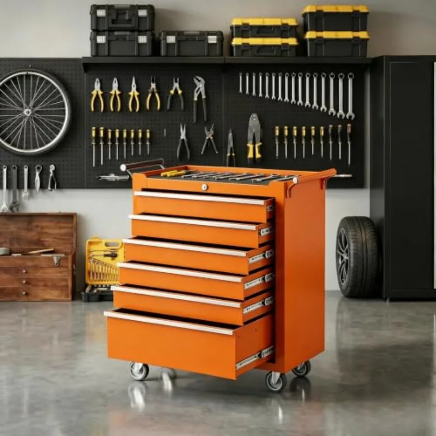 Rolling Tool Chest for Garage and Workshop: 6-Drawer Portable Tool Cabinet in Orange with Wheels, Locking System, and Drawer Li