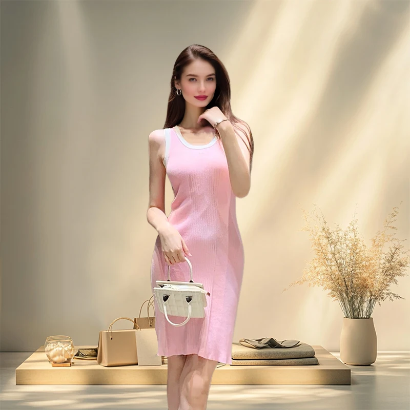 

Ladies' pink dress vest, versatile small new design on the chest, letter knit slim fit