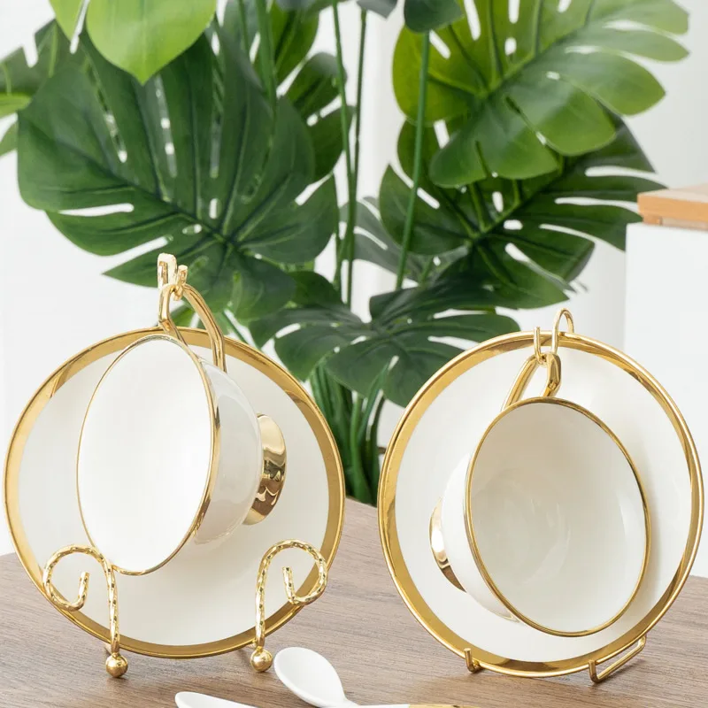 Coffee Tea Cup Holder Saucer Bird Gilded Golden Iron Storage 2 Layer 6 Hooks Mug Rack Drying Hanging Shelf Kitchen Display
