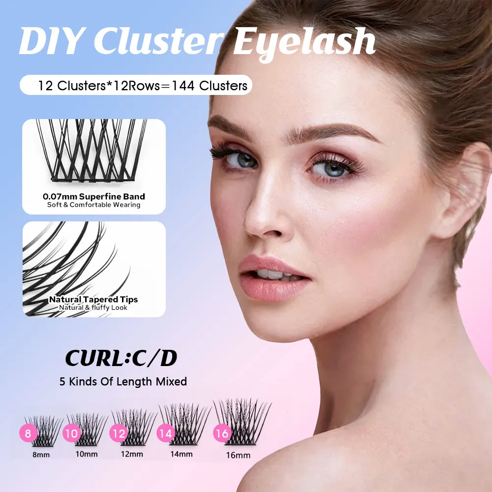 12 Big Rows 8-16mm Mixed Length DIY Cluster Eyelash Upgrade Dovetail Makeup Lash C D Curl Inidividual Segmented Eyelashes Trays view 2