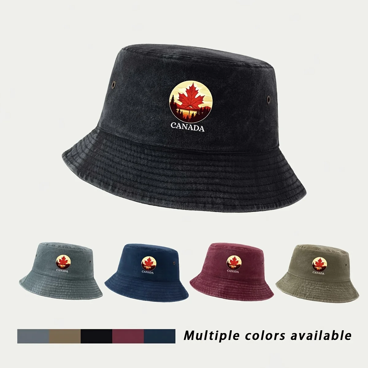 Fisherman Hat with a Canadian Maple Leaf Landscape Print. American-style Fresh Forest-inspired Casual Fishing Hat. Easy to Clean