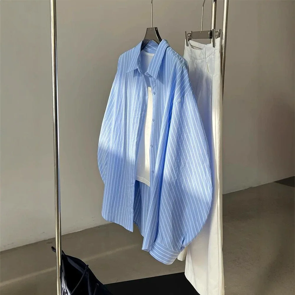 Blue Striped Shirt Women's Spring Summer New Style Korean Fresh Slimming Versatile Top CHAO Level Recommendation Cotton Long ...