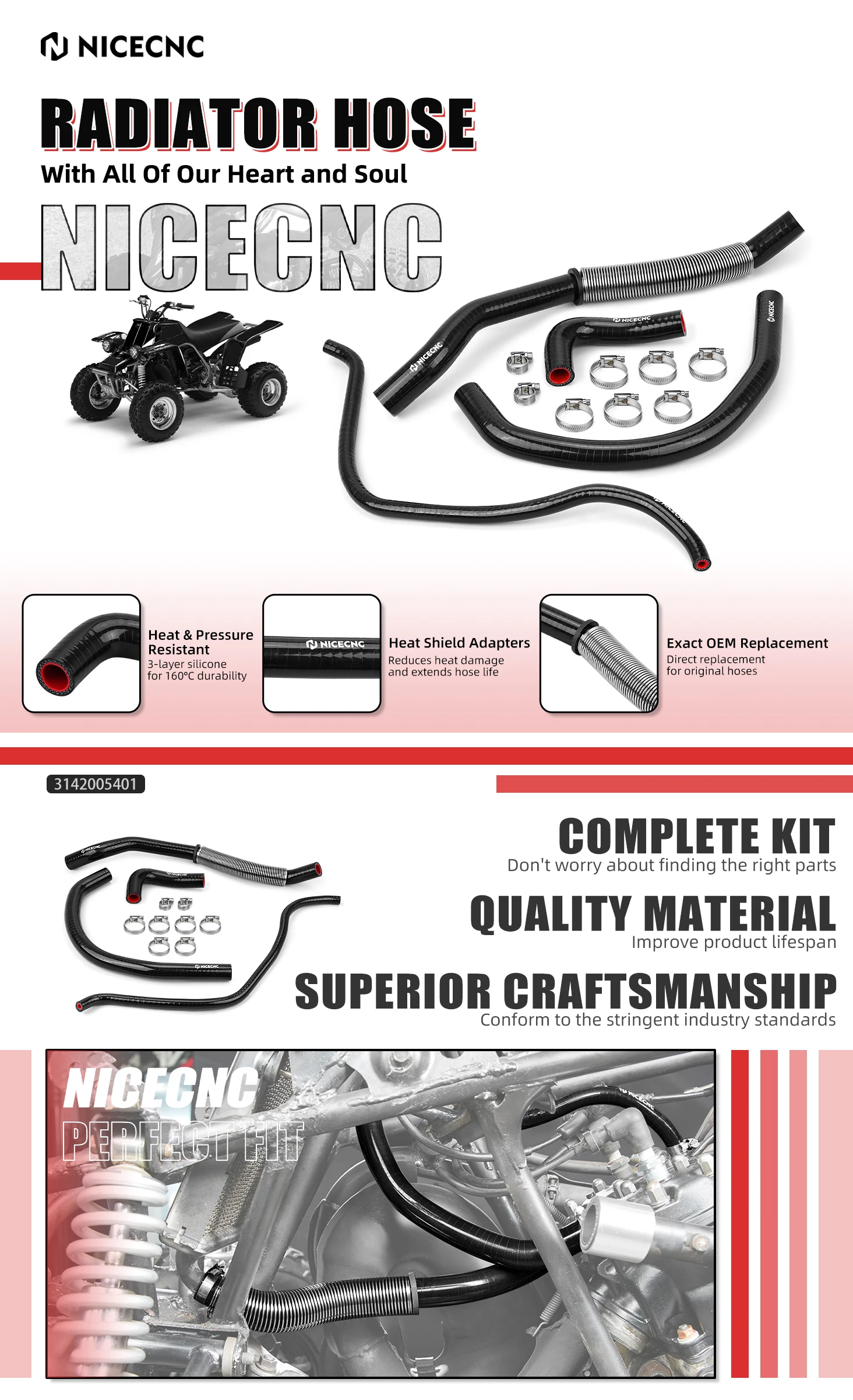NICECNC Für Yamaha Banshee 350 YFZ350 1987-2006 ATV Kühlschlauch Silikon Kühler 300 ℃ Hitzebeständigkeit 2GU-12482-00-00 – Detail 1