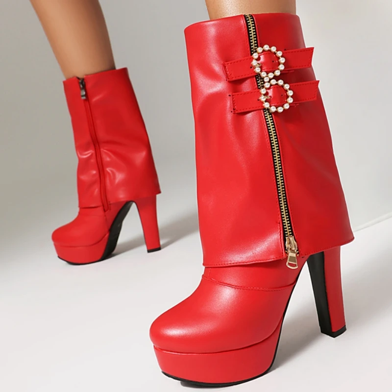 

Красные ботильоны для женщин, зимняя обувь 2025 года, черно-белые ботинки с перевернутым краем, обувь на платформе и высоком каблуке, женская обувь большого размера