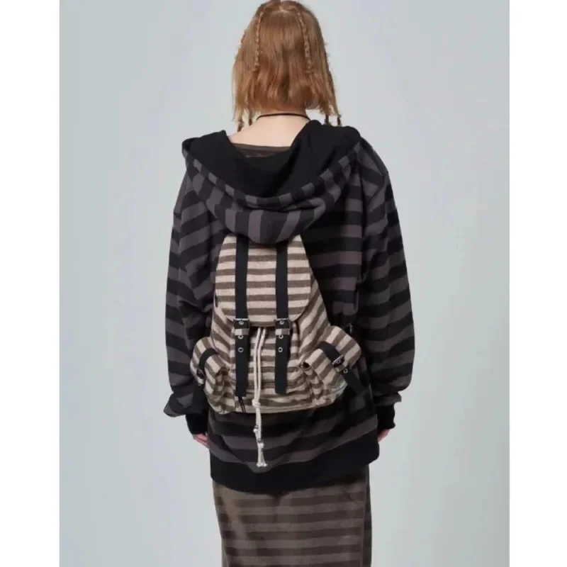 Striped Backpack Jeans Same Japanese And Korean Functional Casual Plaid Backpack Large Capacity Couple Crossbody Bag Backpack