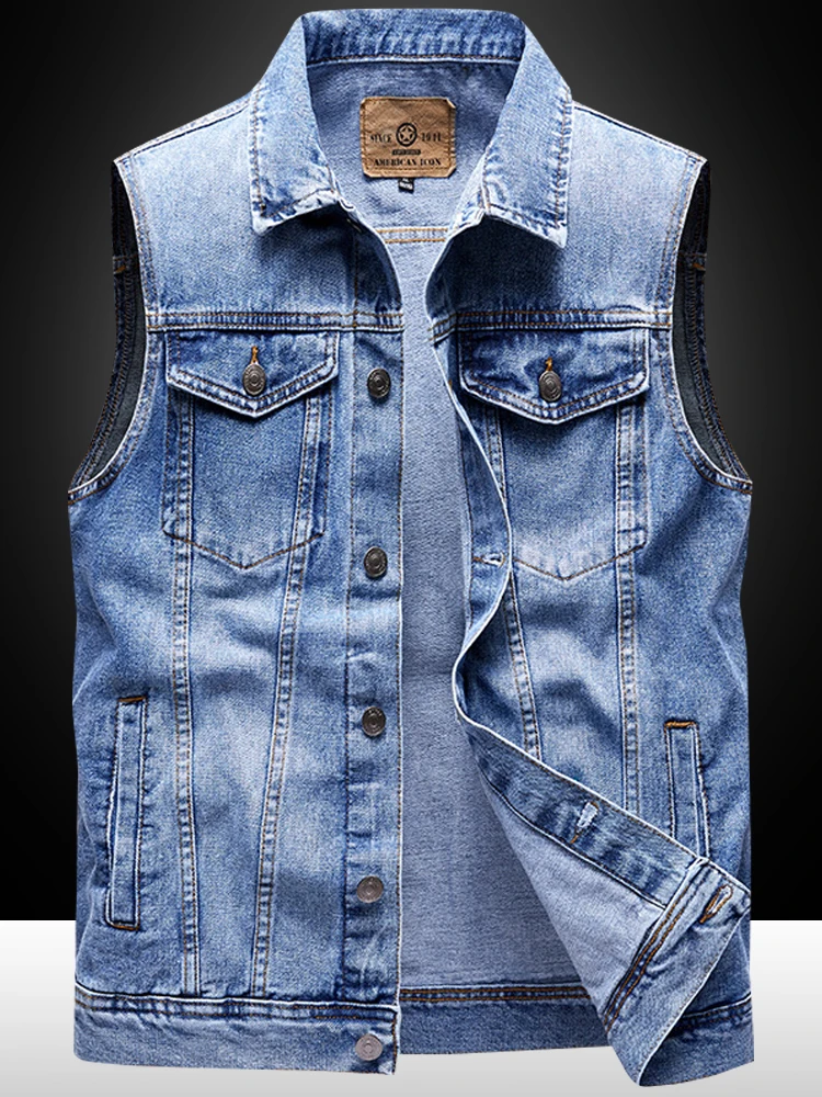 

Retro Workwear Denim Vest Men's Autumn Sli Multi-ket Waed Collarl Svel Trendy Jaet Loose Fit Casual Wear