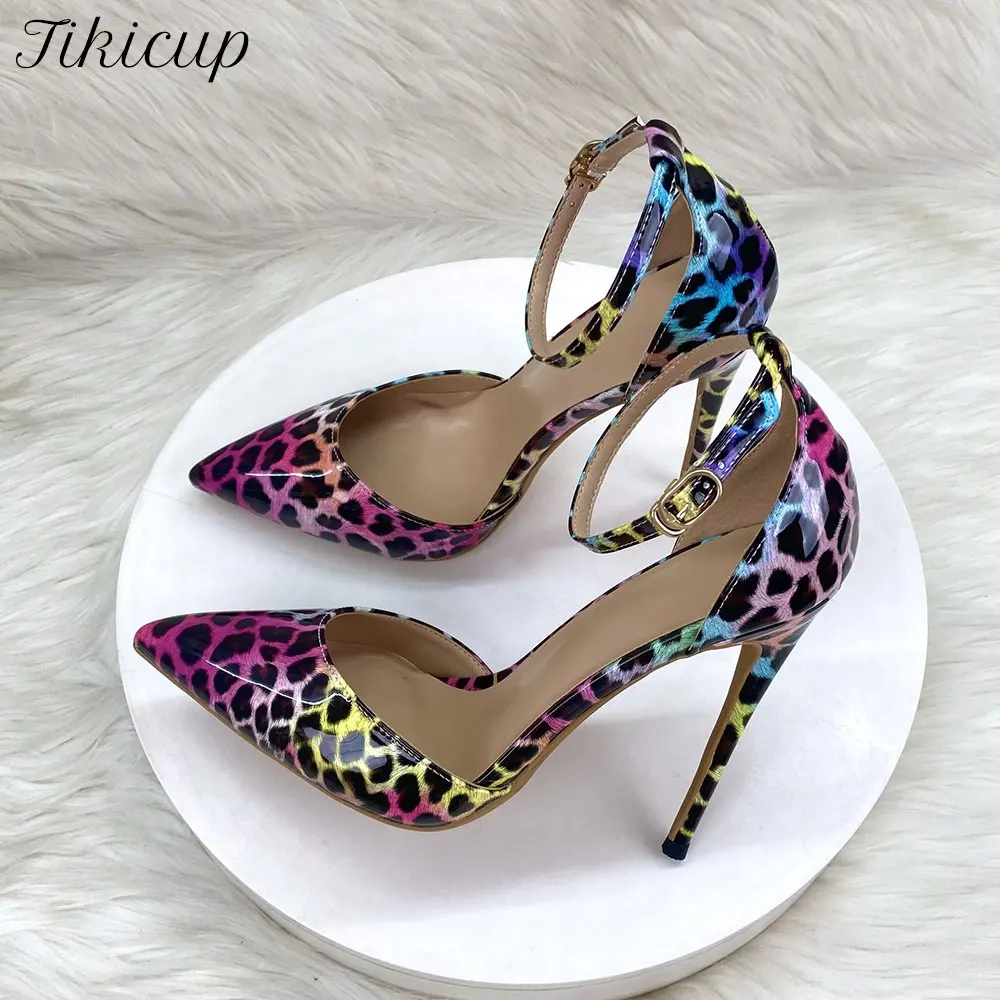 Women Colorful Leopard Print Pointed Toe High Heels 8/10/12cm Thin Stiletto Ankle Strap Pumps Fashion Club Party Plus Size Shoes