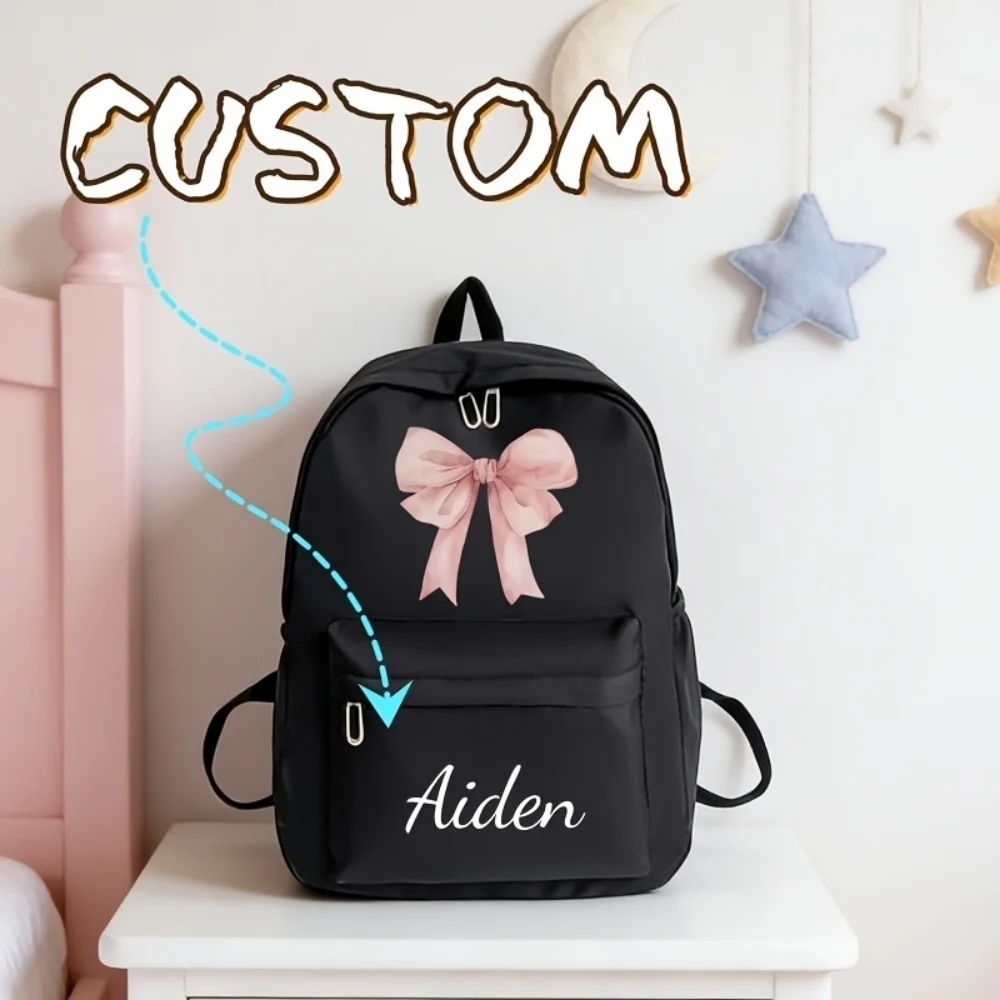 Custom Girls Kids Backpack Personalized Name Pink Bow Children School Bag with Front Zipper Pocket Adjustable Strap Custom Gift