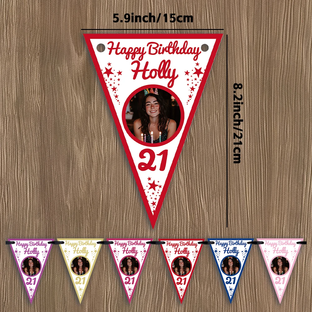 12pcs Customizable Birthday Banner Party Decorations, Personalized Photos Names Ages, Romantic Hanging Flags, Includes 5m Ribbon