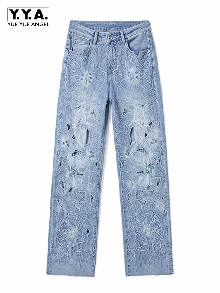 

Summer Women Fashion Hollow Out Flowers Embroidery Straight Jeans Diamonds Female High Waist Wide Leg Denim Pants Streetwear