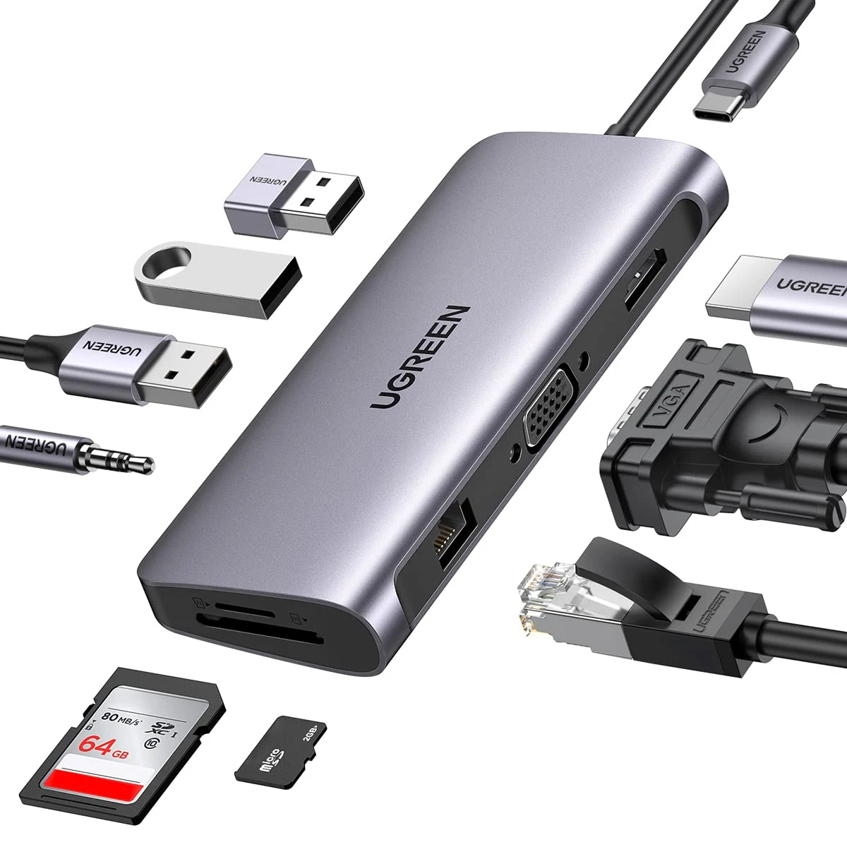 UGREEN USB-C Hub 10-in-1 Docking Station 4K HD VGA Dual Monitor 1Gbps Ethernet 100W PD USB 3.0 Ports 3.5mm Audio Jack Stock