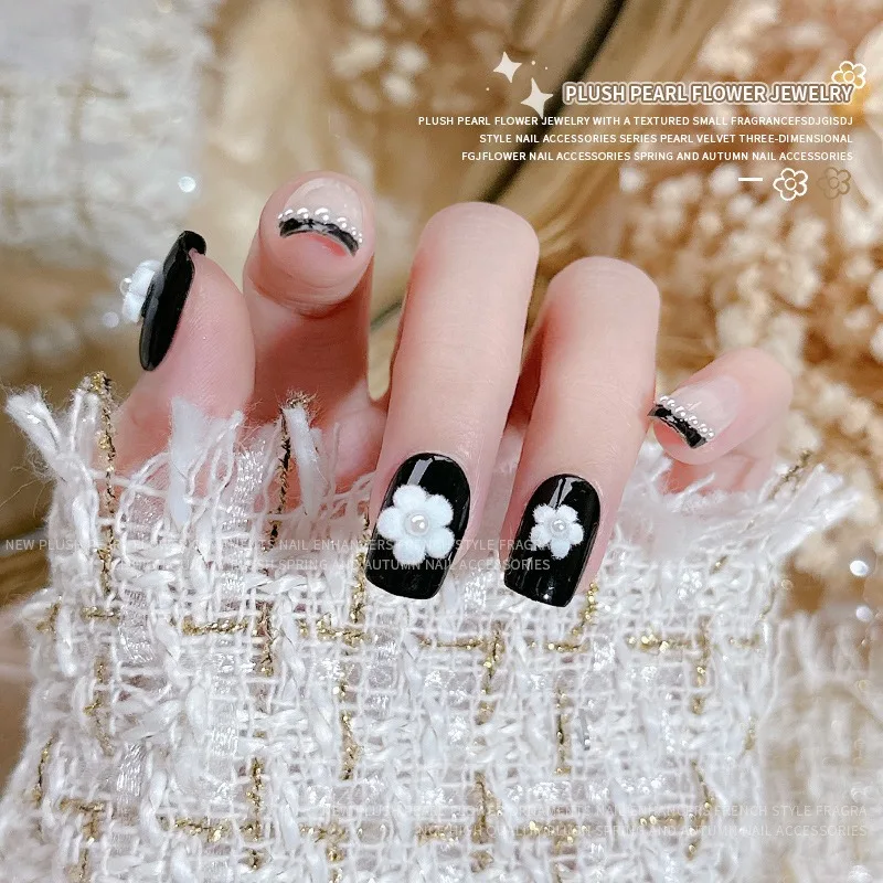 10Pcs Flocking Five-petal Flower Nail Charms Black White Fuzzy Pearl Floral Ornaments DIY Nail Manicure Decor Accessories Set