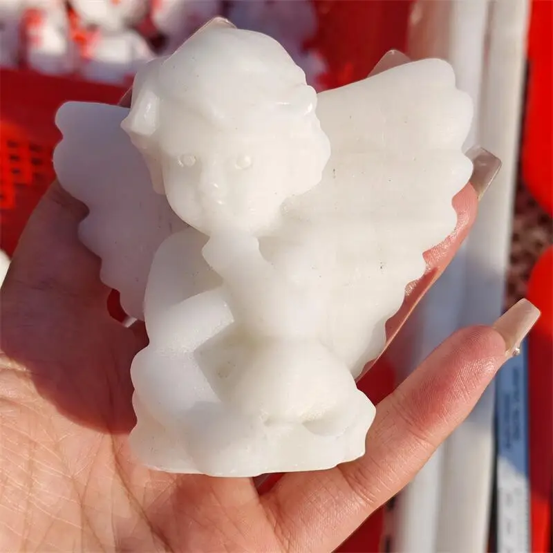 Natural White Marble Jade Angel Carving Crystal Healing Halloween Festival Craft For Decoration Gift 1pcs