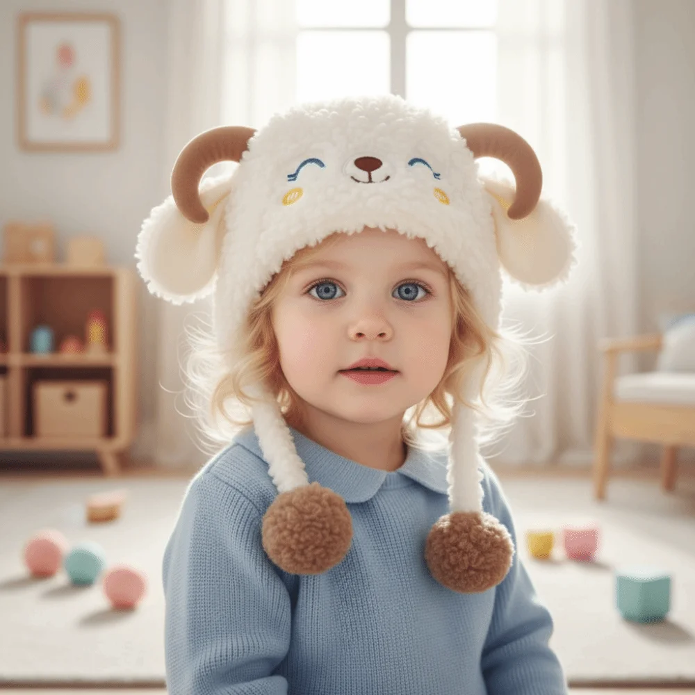 패션 만화 양 모양 비니 모자 두꺼운 방한 아기 귀 보호 모자 부드럽고 따뜻한 겨울 모자 남아 여아용