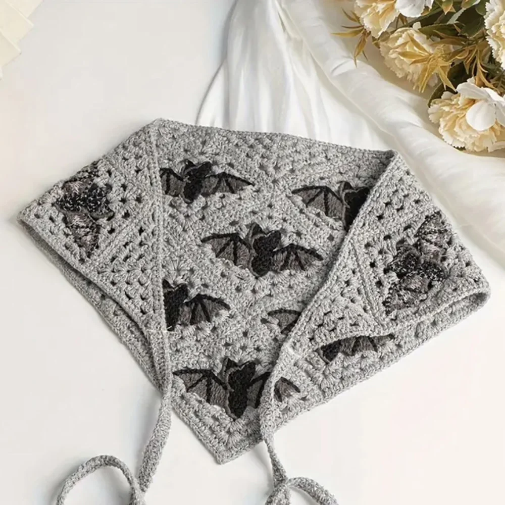 INS Gothic Bats Halloween Crochet Hollow Triangle Grey Bandana Scarf Hat Knitted Girls Headband Towel Christmas Women Cosplay