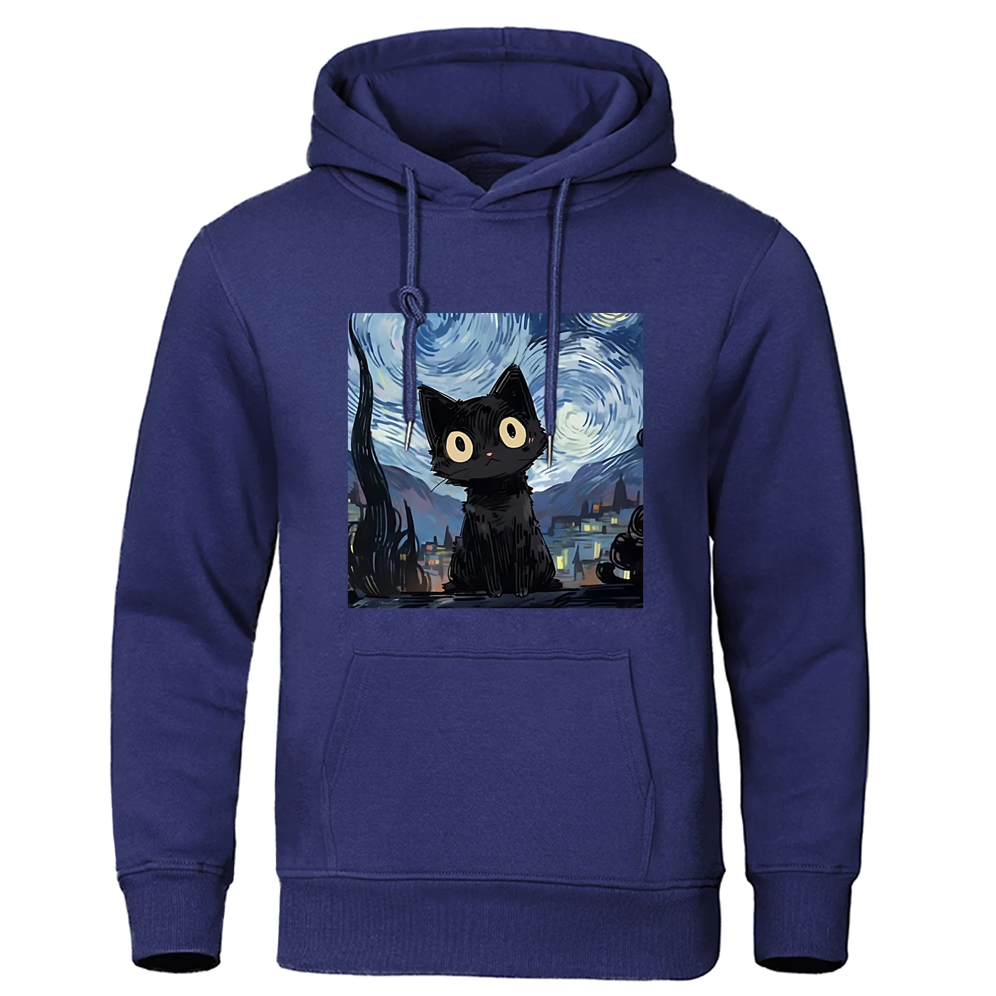 Black Cat Oil Painting Men Hoodie Van Gogh's Oil Paintings Man Hoodies Warm Fleece Fur-liner Hoody Casual Pullover tops