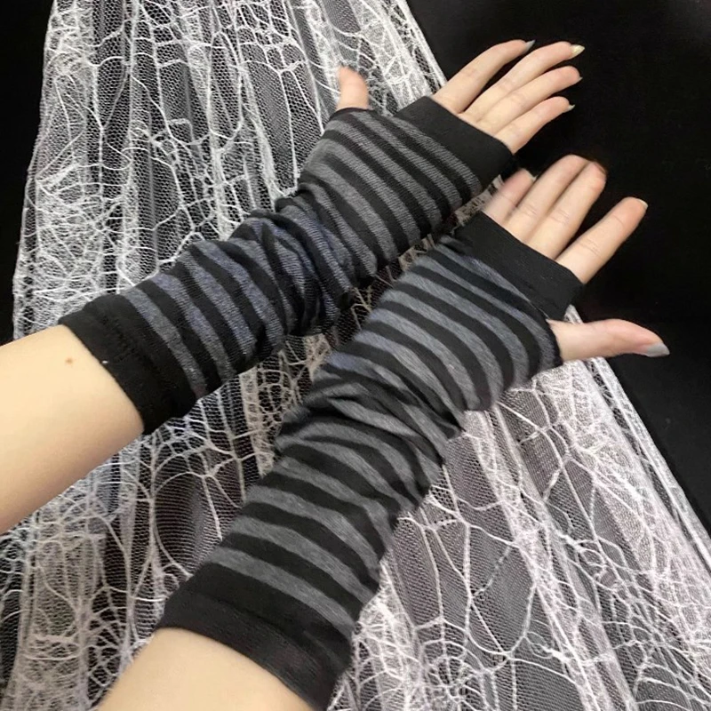 

Women Anime Gothic Lolita Glove Arm Cover Harajuku Arm Warmers Striped Fingerless Punk Long Wristband Fashion Y2K Girls Gloves