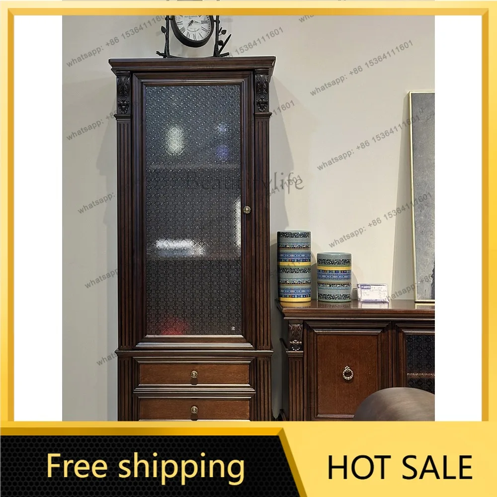 Hot American single door wine cabinet pure solid wood living room decorative cabinet retro carved furniture