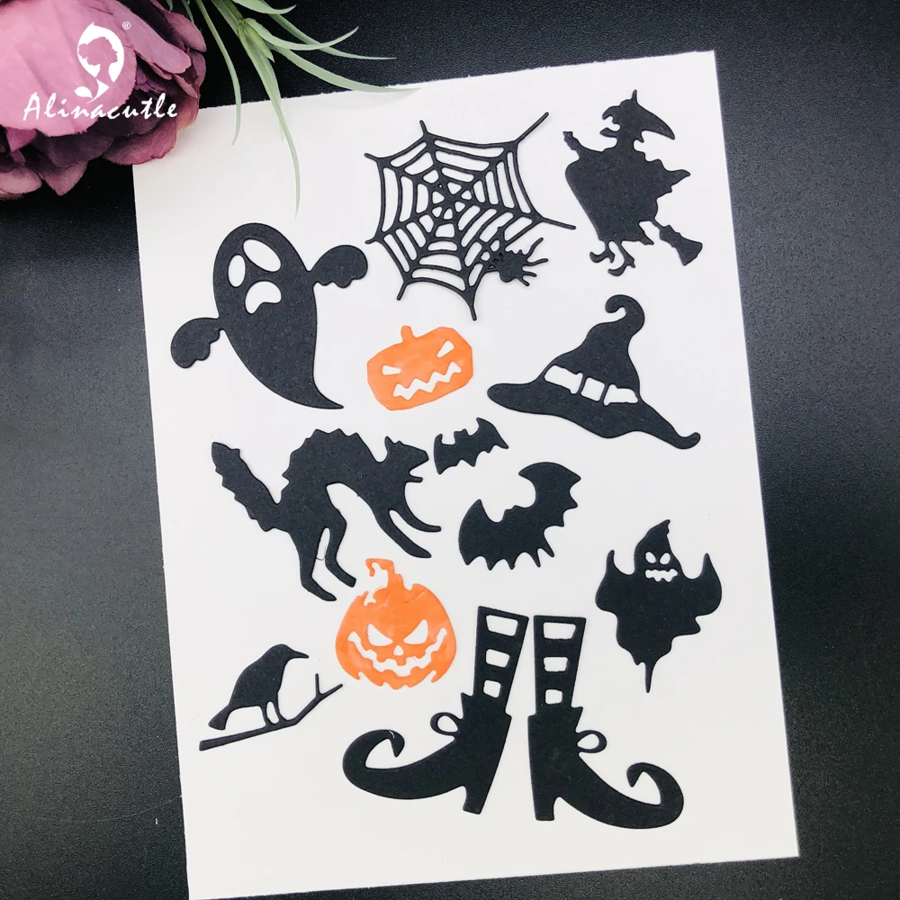 Alinacutle Metalowe matryce do wycinania Części Halloween Pająk Kot Scrapbooking Papierowy album rzemieślniczy Ręcznie robiony szablon kartki