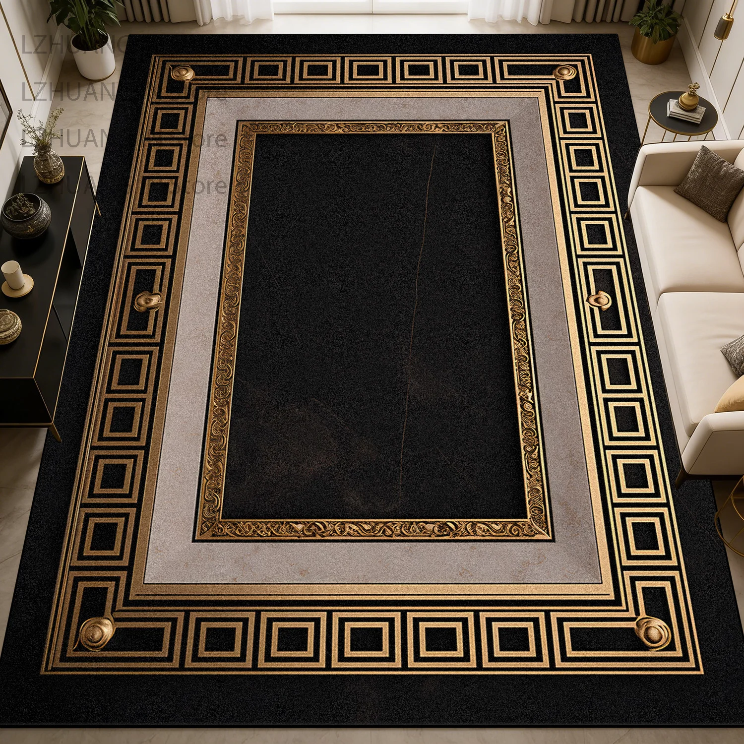 Black Gold Light Luxury Style Living Room Carpet Decoration Home Easy Clean Fluffy Rug Non-slip Short Velvet Coffee Tables Mats