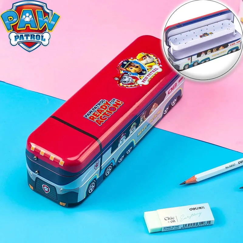 PAW Patrol Cartoon Anime Bus Shape Cute Pencil Case Three-layer Large Capacity School Supplies Storage Box Student Iron Box Gift