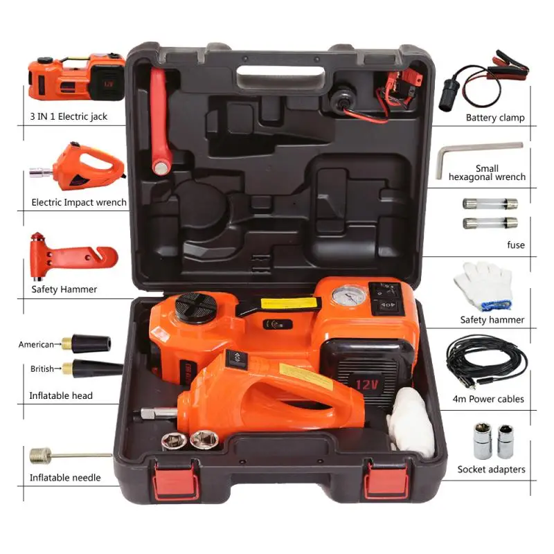 12V 5T Car Jack Electric Hydraulic Jack Protable Tire Jack Electric Wrench Impact Socket Wrench Tire Inflator LED Light 4 in 1