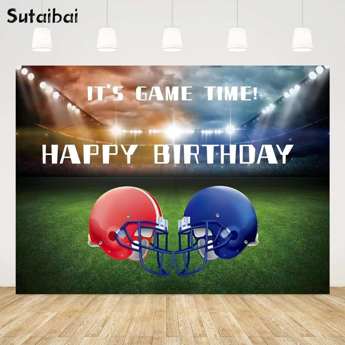 Football Field Backdrop Happy Birthday Game Time Boys Kids Newborn Children Background Auditorium Light Bowl Night Spotlight