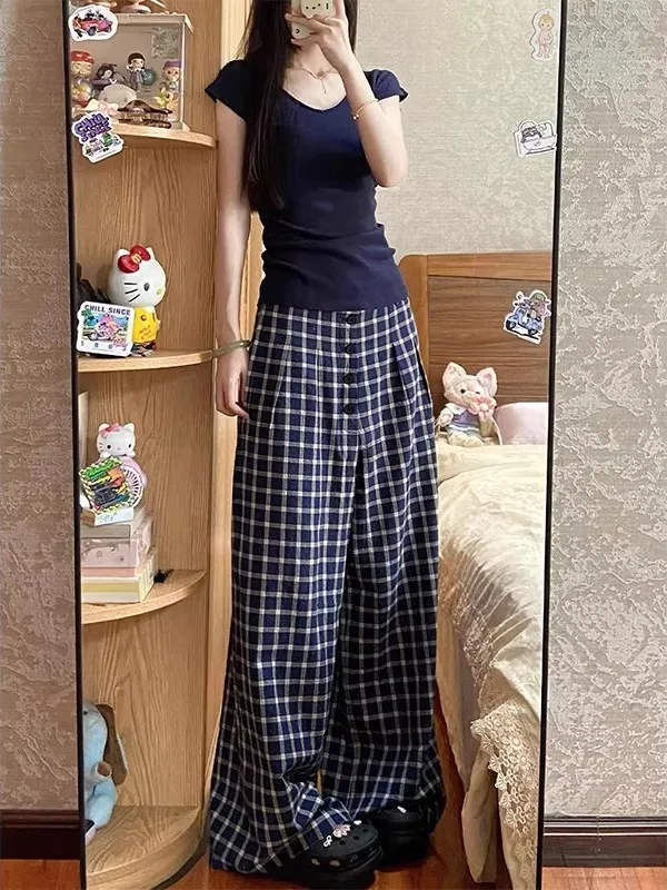 American Retro Plaid Loose Women's Casual Pants High Waist Wide Leg Floor Length for Pear Shaped Body Spring New Style