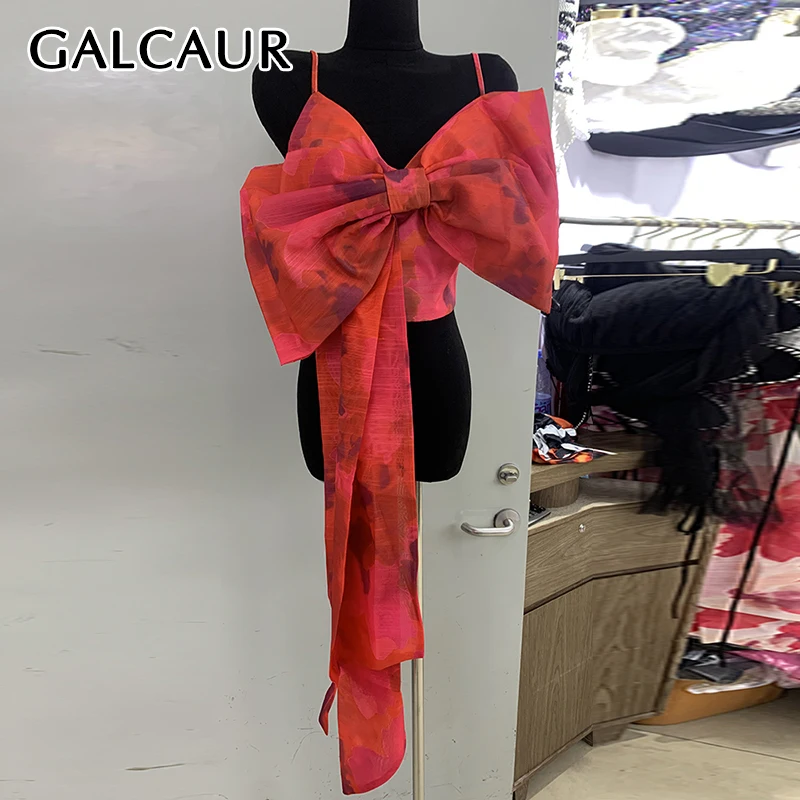 

GALCAUR sexy Printing Slimming top For women square collar Sleeveless Patchwork Bowknot Colorblock Fashion crop tops female new