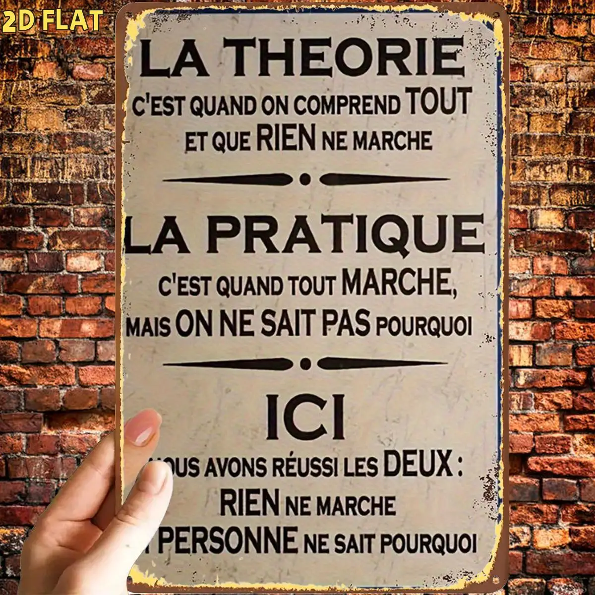 2D Flat, 1pc, Funny Vintage French Theory Practice Signmetal Iron Sign, Pre-Drilled Holes, Suitable for Indoor, Garden, Outdoor,
