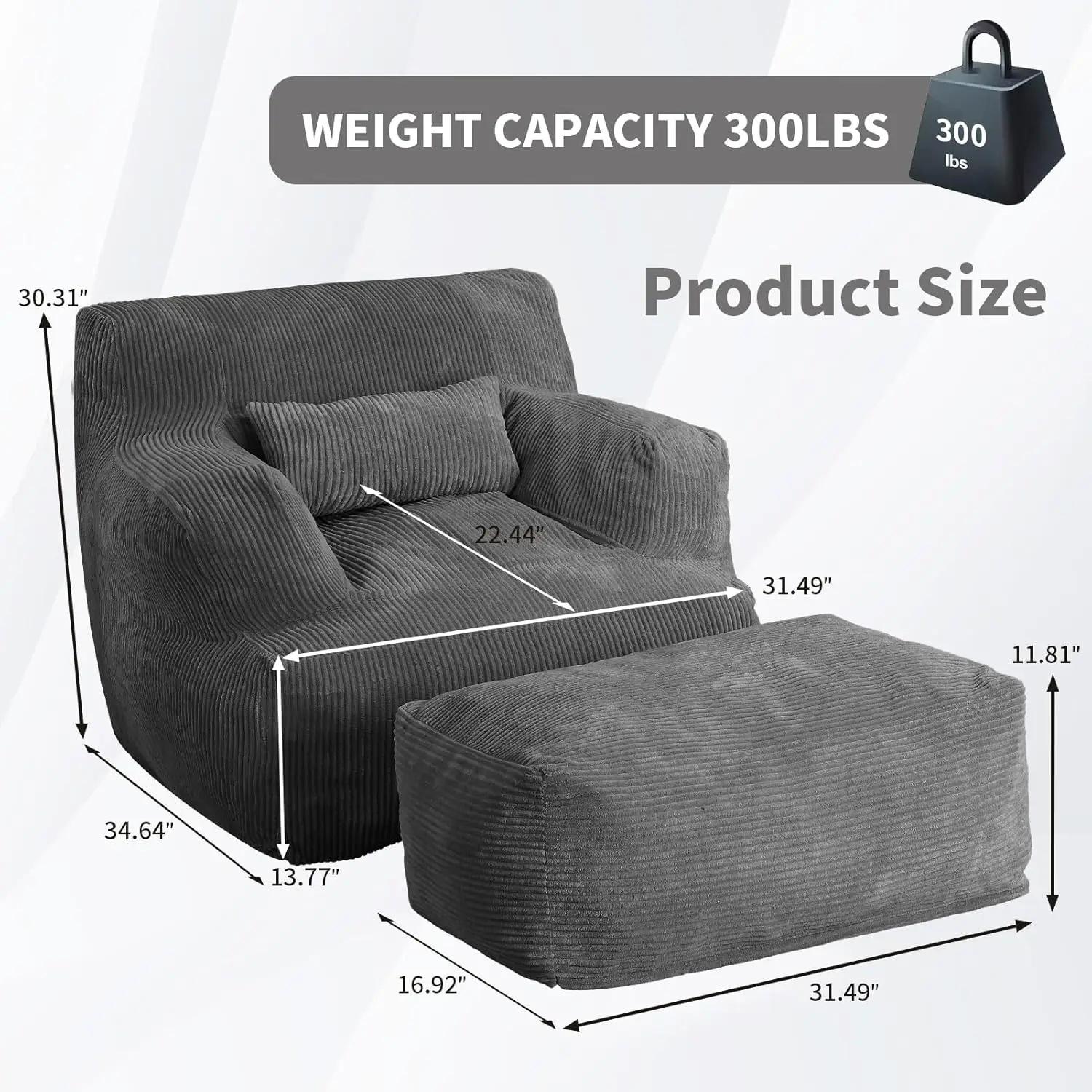 Giant Bean Bag Chair for Adults, Bean Bag Sofa Chair with Ottoman, Comfy Reading Chair for Dorm Room, Living Room, Bedroom, Dark