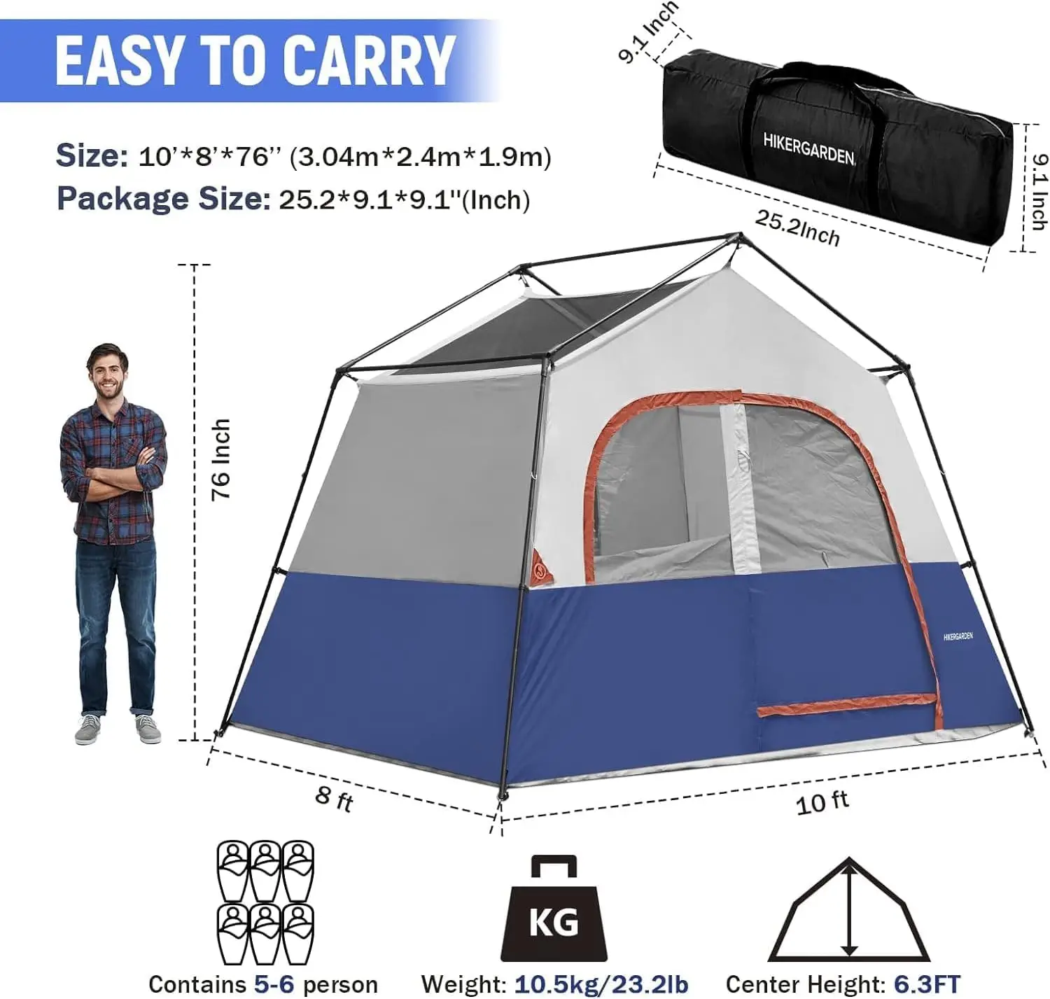 HIKERGARDEN 6-8 Person Camping Tent - Portable Family Cabin Tent for Camp, Windproof Fabric Camp Tent Outdoor for Hiking