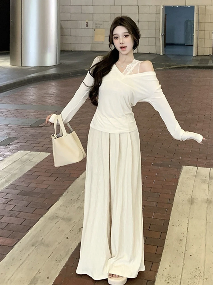 Korean Style Pure Desire Slimming Lace Trimmed Long Sleeve T-Shirt Top Inner Wear Shoulder Baring Outerwear Three Piece Set