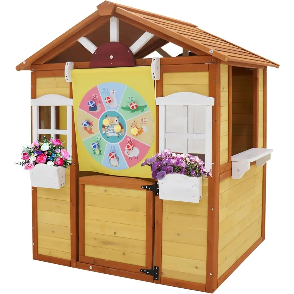 Playhouse for Kids Outdoor Play House, with Working Door, Windows, Flowers Pot Holder, Playhouses for Pretend Play House