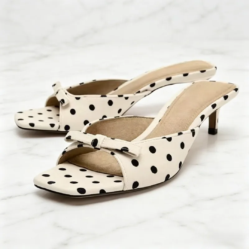 

Unique Polka-Dot Kitten-Heel Slippers for Women Sweet Bow Detail Square-Toe Slide Sandals Summer Sexy Open Toe Designer Shoes